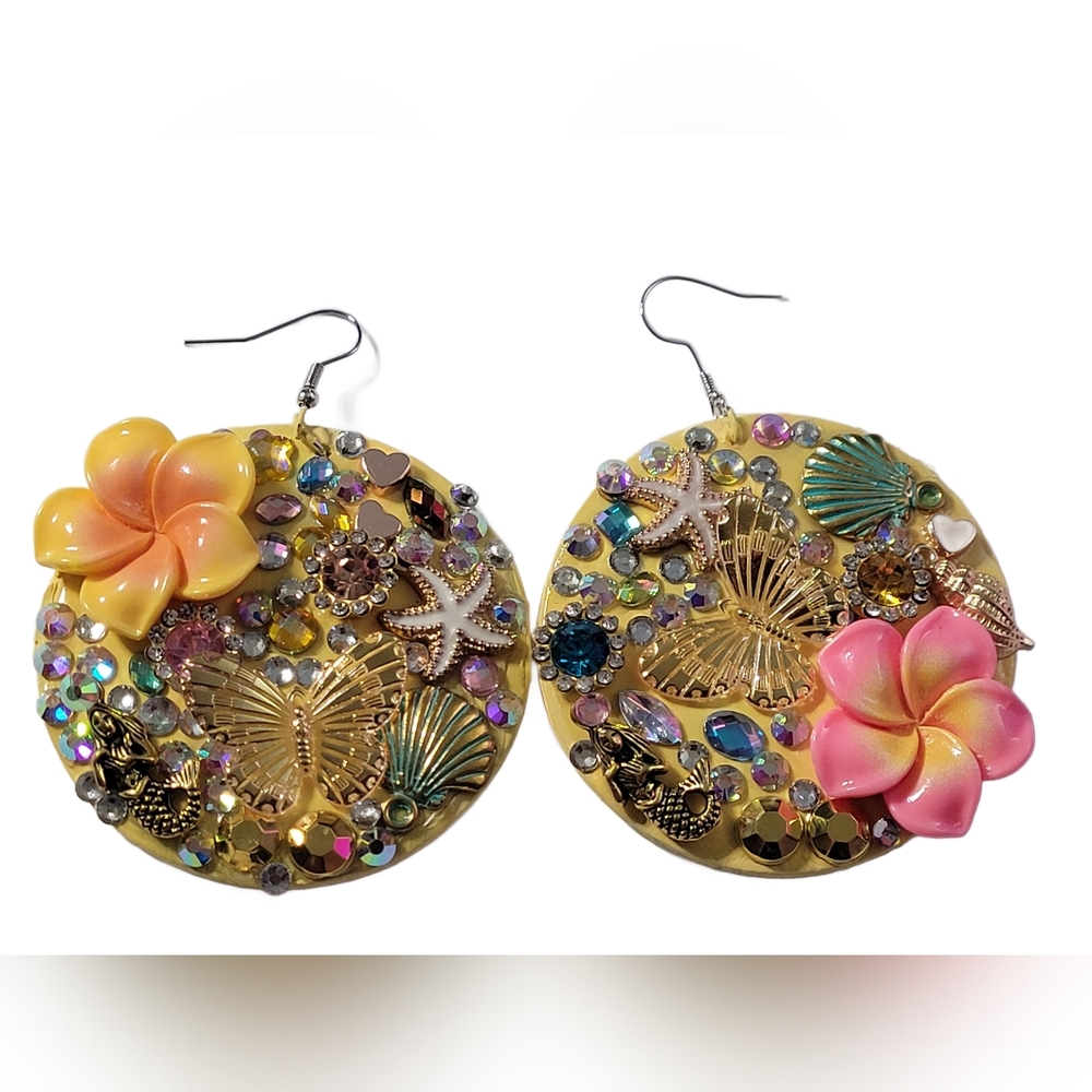 Colorful Beach Yellow Statement Earrings Handmade